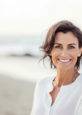 Een lachende vrouw met kort, donkerbruin haar, gekleed in een witte blouse, poseert op een zonnig strand met de zee op de achtergrond.